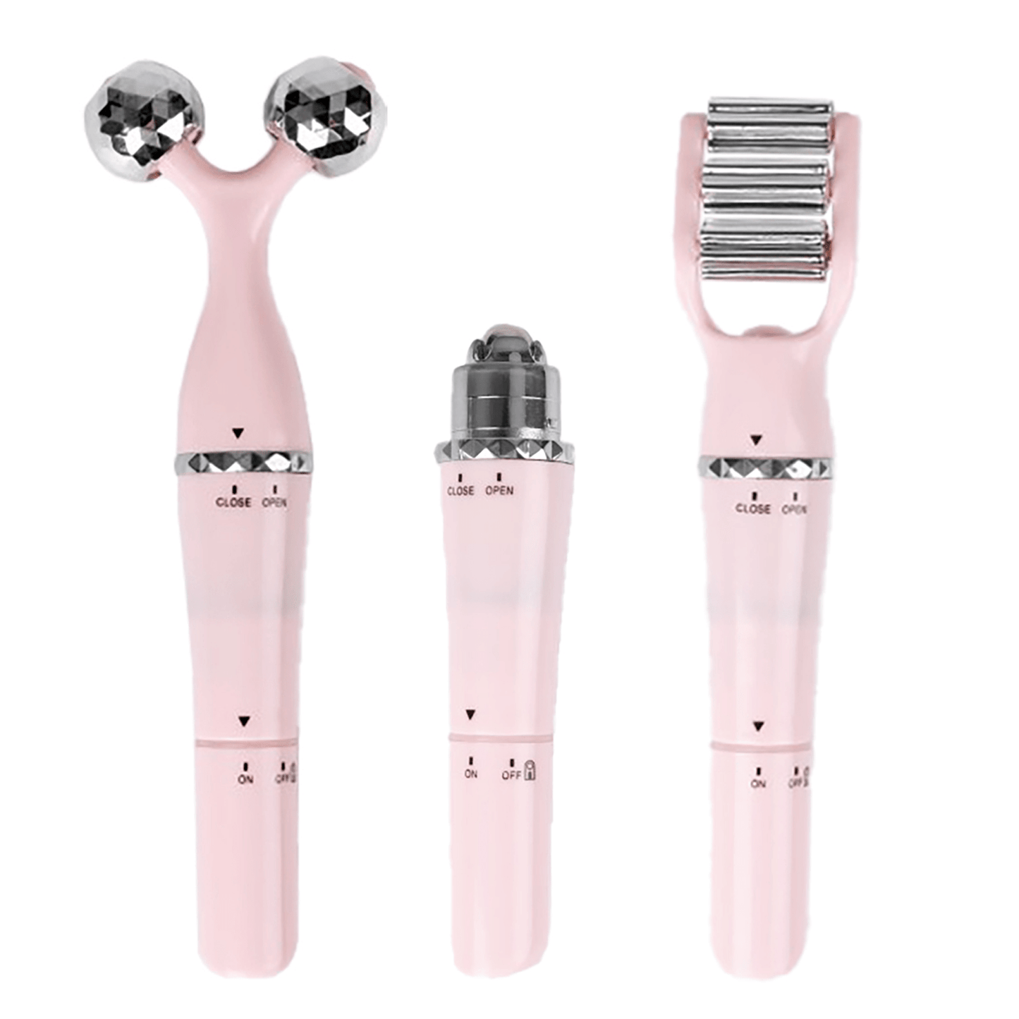 Masajeador Facial con 3 Cabezales, Rodillo para Triple Masaje, Rodillo en V para Reafirmar, Esfera para Contorno de Ojos, Vibración Suave, Práctico y Ligero, Funciona con 1 Pila AA (No Incluida)
