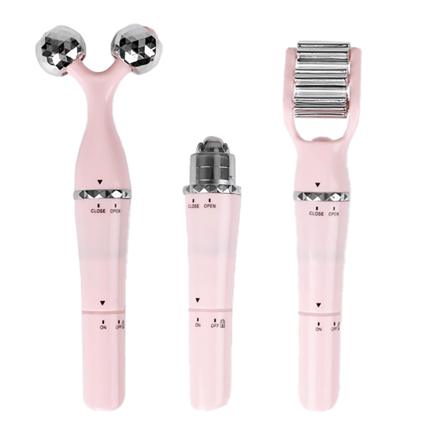 Masajeador Facial con 3 Cabezales, Rodillo para Triple Masaje, Rodillo en V para Reafirmar, Esfera para Contorno de Ojos, Vibración Suave, Práctico y Ligero, Funciona con 1 Pila AA (No Incluida)