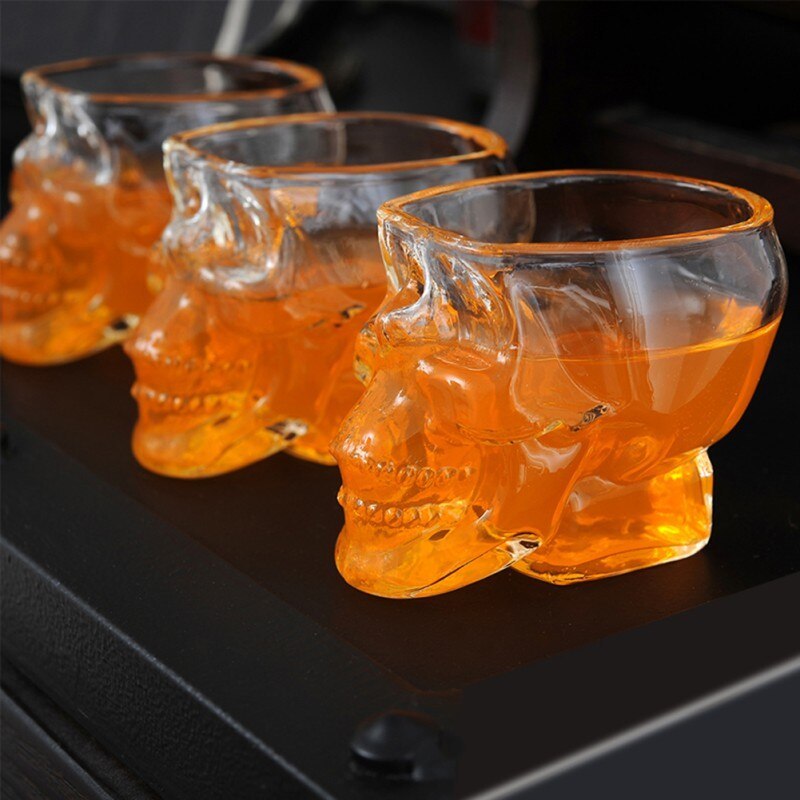 x3 Vaso Calavera de Cristal, Muy Resistentes, Base Gruesa y Estable, Forma de Calavera 3D, 3 unidades 80ml