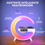 Lámpara Cargador Inalámbrico Multifunción para Smartphone, Altavoz Bluetooth, Reloj Despertador, Simulación de Amanecer y Sonido Natural para Dormir, 9 Modos de Iluminación RGB