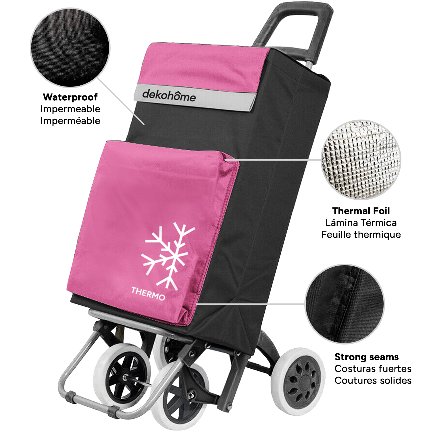 Carro Compra Plegable 4 Ruedas con Bolsillo Térmico para Congelados, Carro Plegable con Ruedas, 54 Litros de Capacidad y 40 Kg de Carga Máxima, Compartimentos Extra, Ruedas Grandes Resistentes para Facilitar el Movimiento y el Transporte del Peso