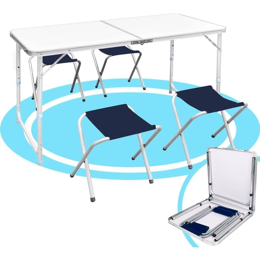 Mesa Plegable Portátil Camping para 4 Personas, Altura Regulable, Incluye 4 Taburetes Plegables, Mesa Plegable Jardín, Mesa Plegable con Sillas, Set de Mesa Plegable Jardín con Sillas, Fácil de Transportar y Guardar, 120x60x55/62/70 cm