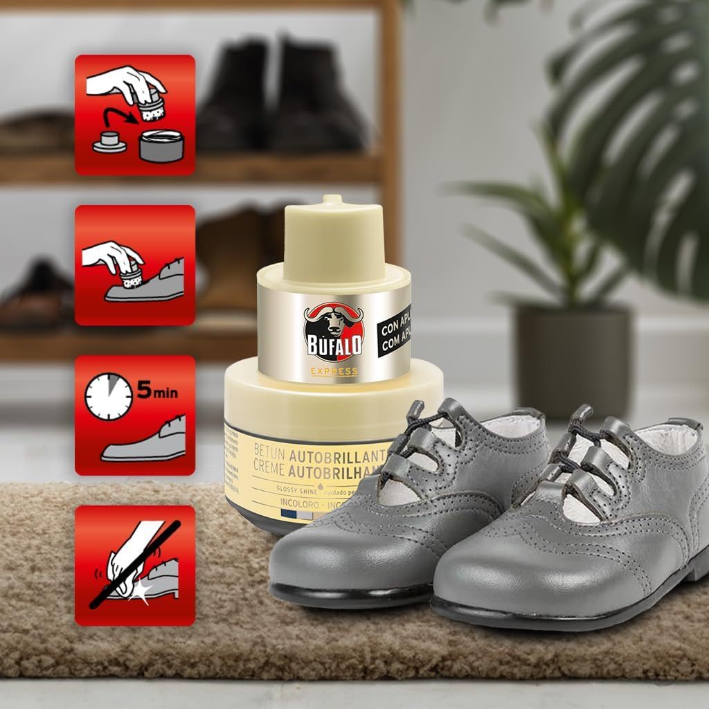 Búfalo Betún Calzado Autobrillante Incoloro, Crema para Zapatos, Aporta Brillo, Esponja Integrada, 40 ml