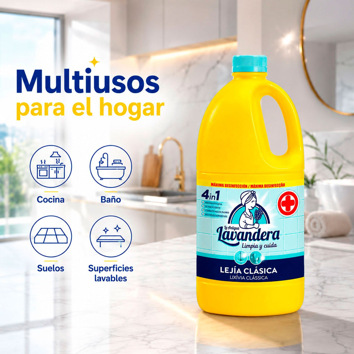 La Antigua Lavandera Lejía Clásica, para Limpieza de Múltiples Superficies, 2 L