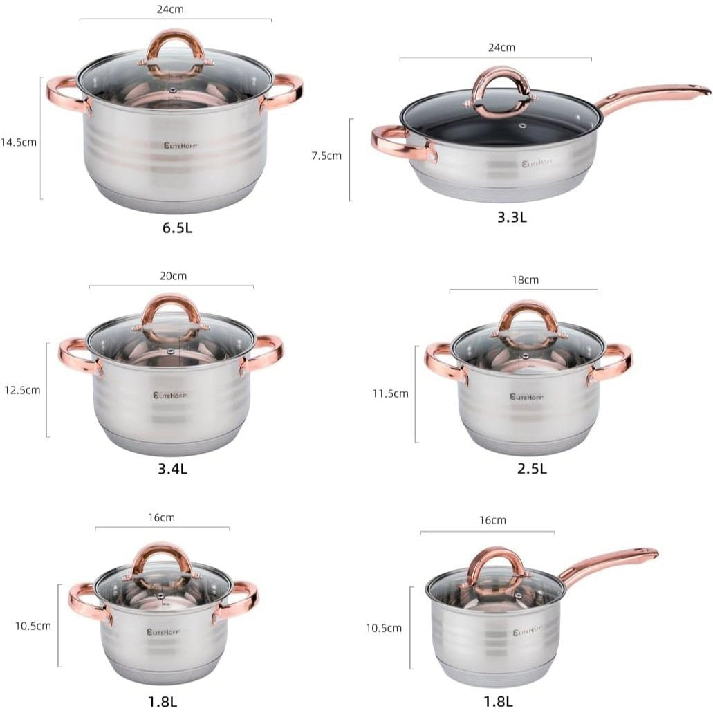 Batería de Cocina 12 Piezas, Juego de Ollas, Cazo y Sartén de Acero Inoxidable, Tapas Incluidas, Apto para Lavavajillas, Apto para Cocina Eléctrica, Gas, Vitrocerámica e Inducción