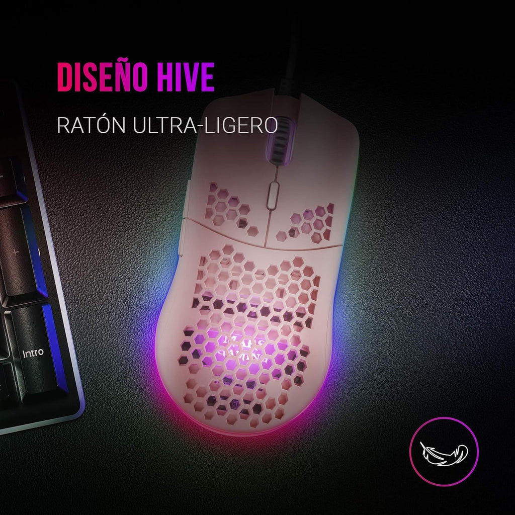 Mars Gaming MMAX, Ratón Gaming Ultraligero 69g, Sensor PixArt 12400DPI, RGB Chroma, 7 Botones Programables, Switches HUANO, Cable Feather, Windows/Linux/Mac/PS4/PS5/ Xbox One/Xbox Series X-S, Rosa