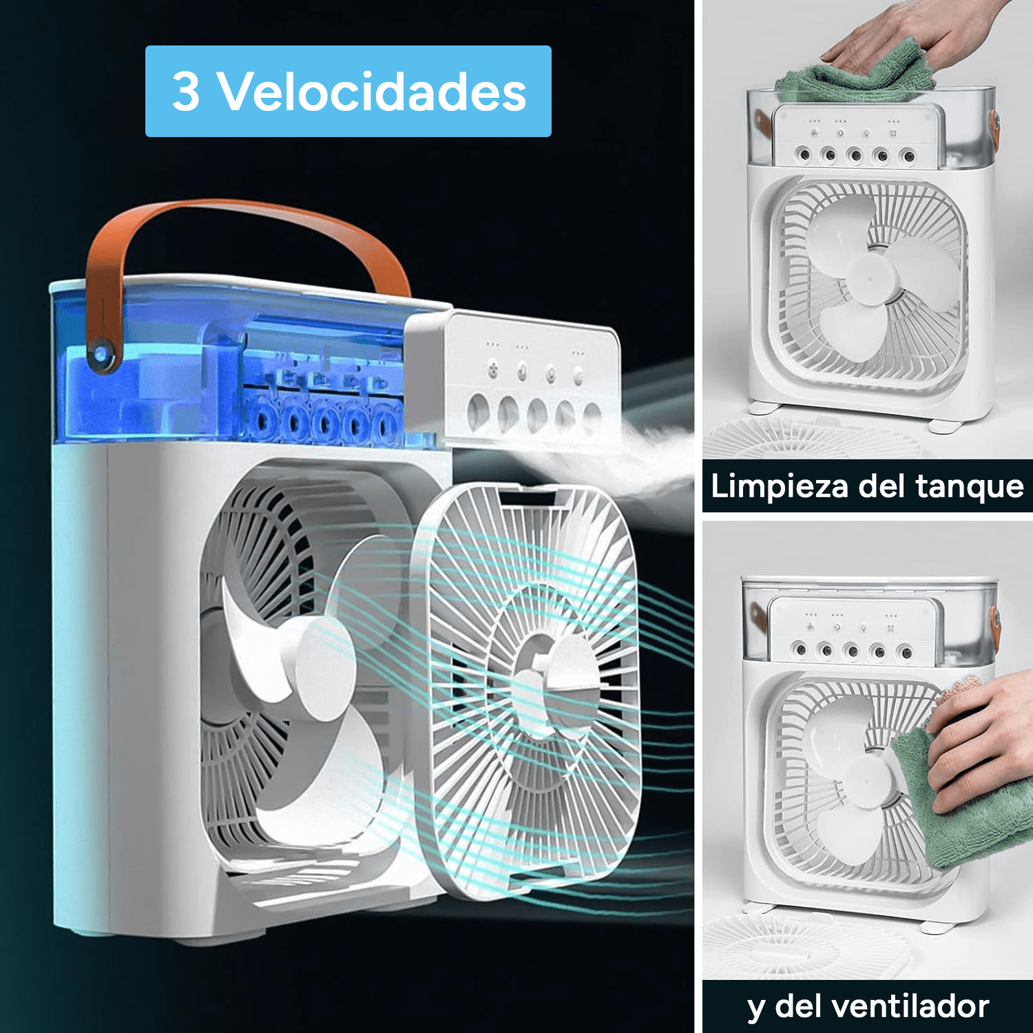 Ventilador Potente de Mesa 5 en 1 con Humidificador, 5 Pulverizadores, 3 Velocidades, LED de 7 Colores, Temporizador y Tanque Extraíble. Portátil, Silencioso y Multifuncional para Escritorio, Hogar u Oficina