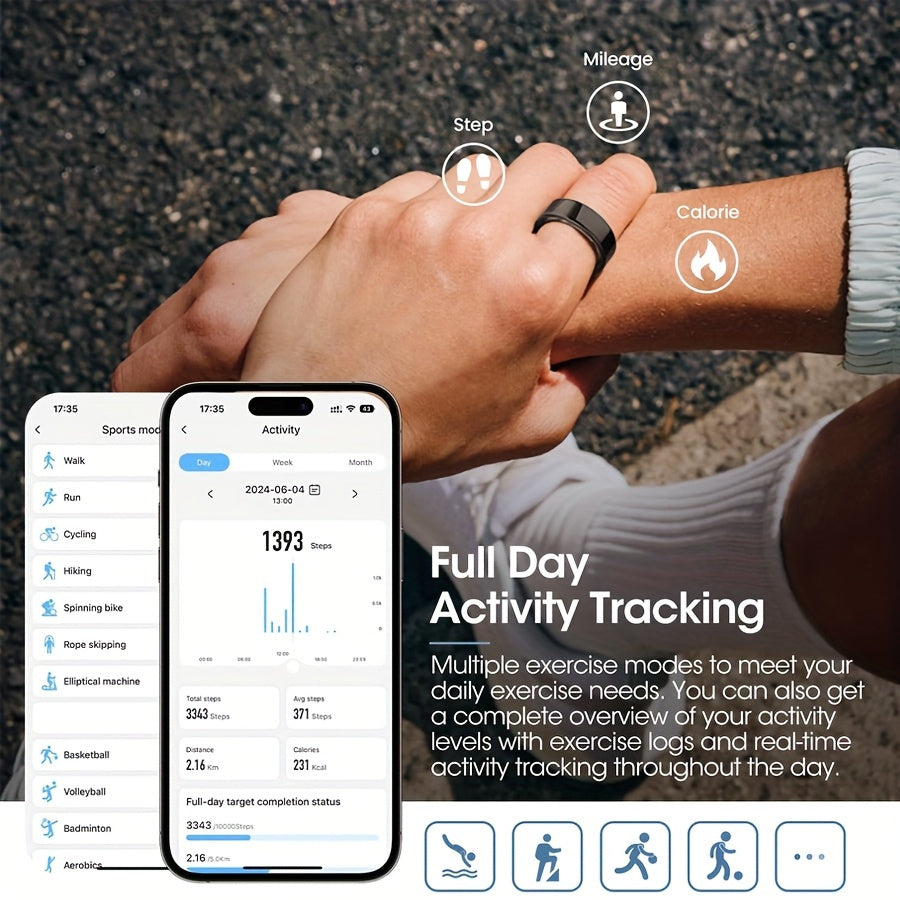 Anillo, Monitor de Pasos, Calorías y Oxígeno, Monitor y Calidad del Sueño, Bluetooth v5.1, Carga Magnética, APP JYouPro, Compatible con Android 5.0, iOS10.0 o superior, 128kb ROM + 96kb RAM - 17,5 mAh, Uso Aproximado 5-7 días
