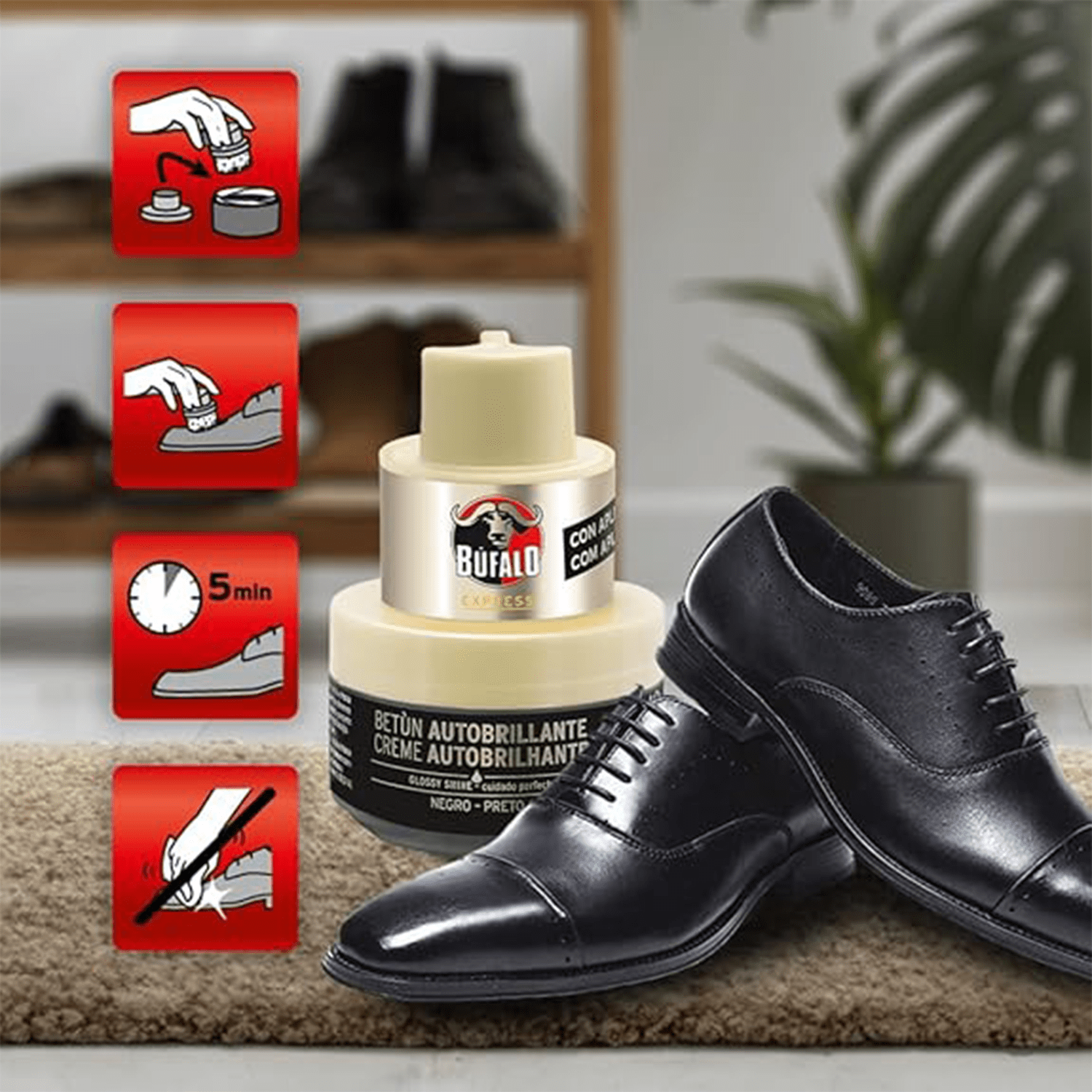 Búfalo Betún Calzado Autobrillante color Negro, Crema para Zapatos, Aporta Color y Brillo, Esponja Integrada, 40 ml