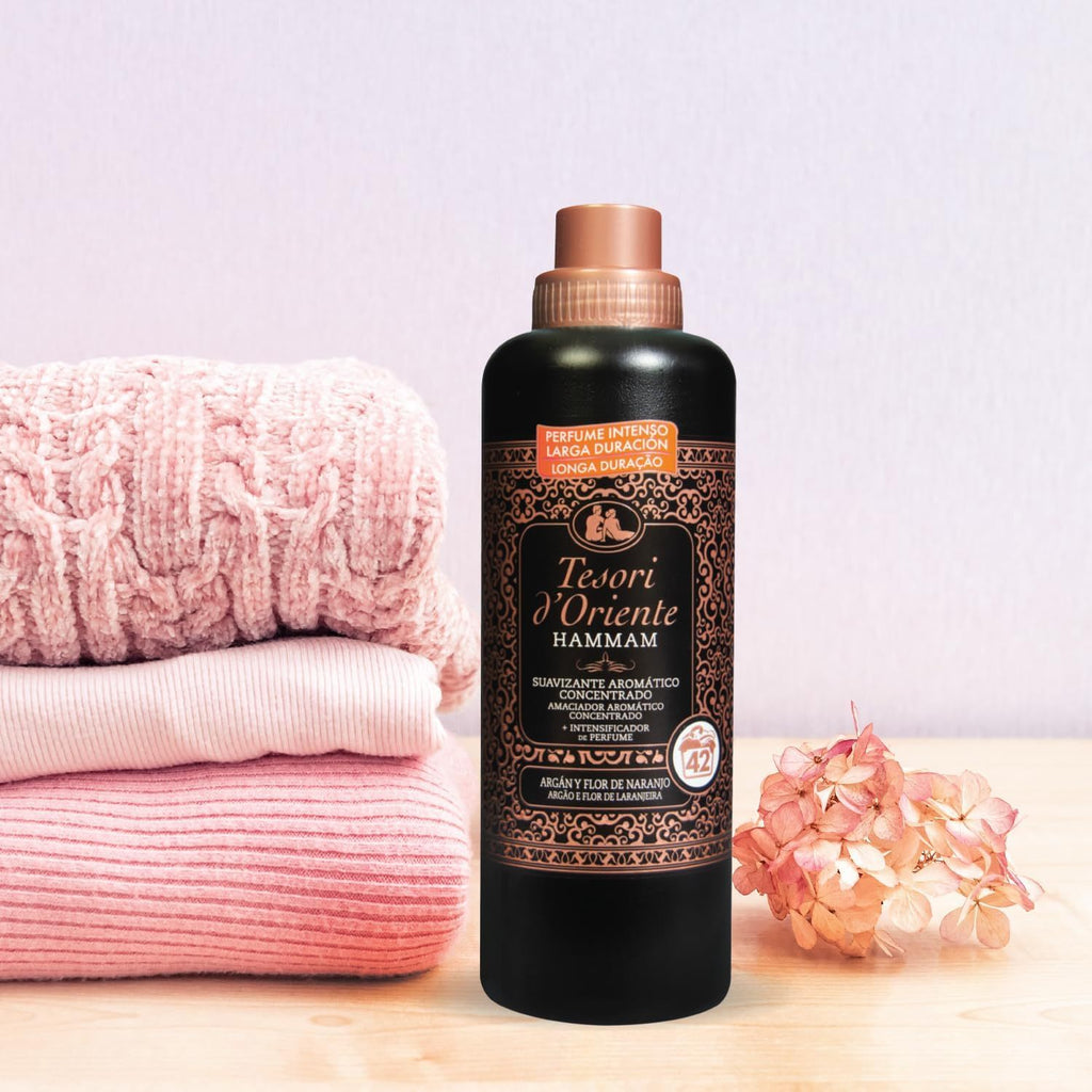 Tesori d'Oriente, Perfumador y Suavizante de Ropa Líquido Concentrado para Lavadora Hammam, Aroma de Argán y Flor de Naranjo, Microcápsulas para Fragancia Duradera, Facilita el Planchado, 760ml - 42 Lavados por Botella