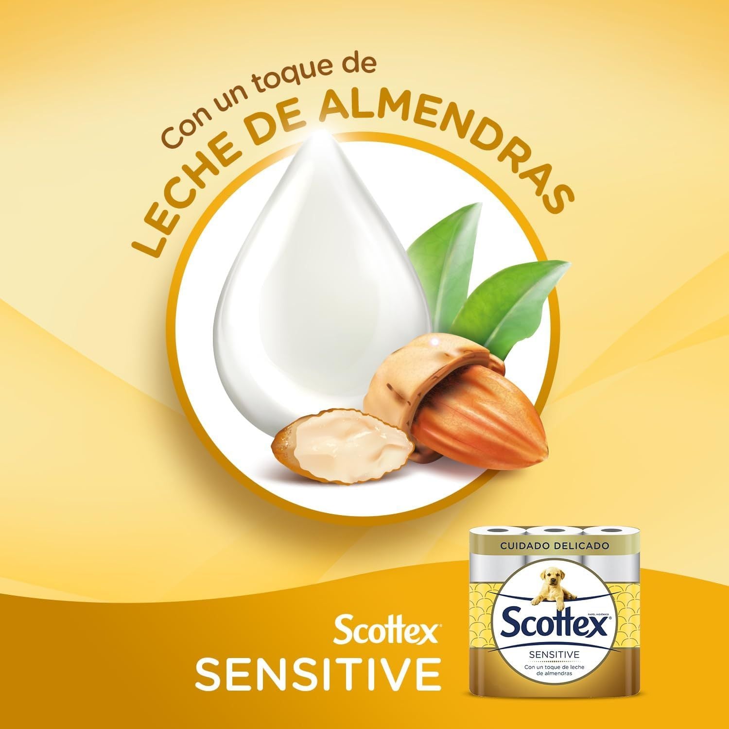 Scottex Papel Higiénico Sensitive con 3 Capas, Cuidado Delicado y Suave con un Toque de Leche de Almendras