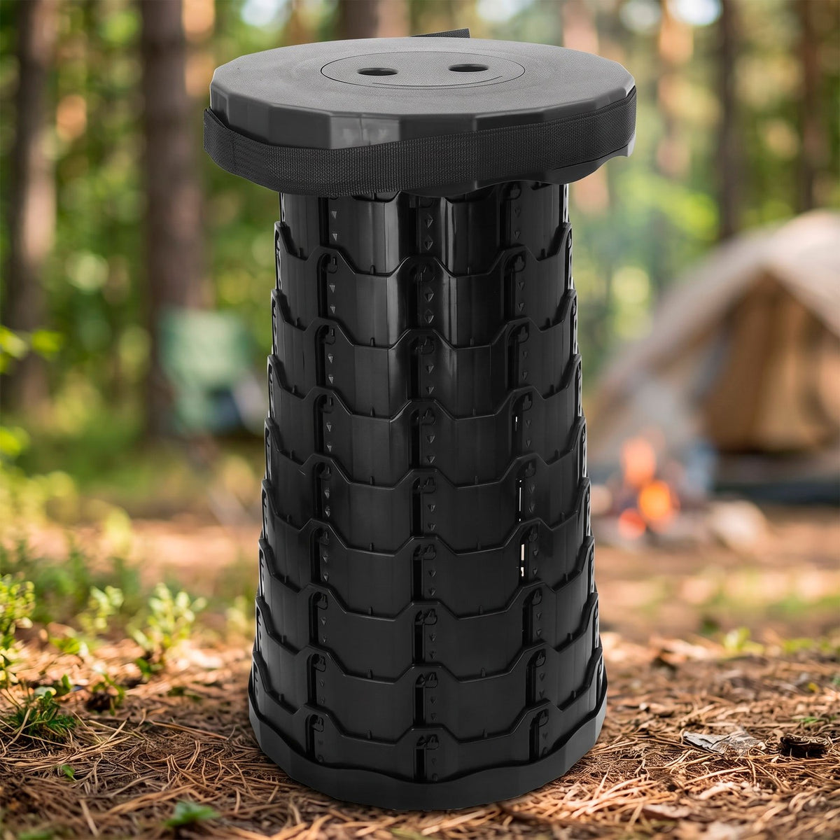 AKTIVE Taburete Telescópico Portátil Plegable para Camping, Playa y Pesca con Diseño Compacto, Asa y Correa de Transporte, Capacidad de hasta 120 kg, 44 cm, Negro