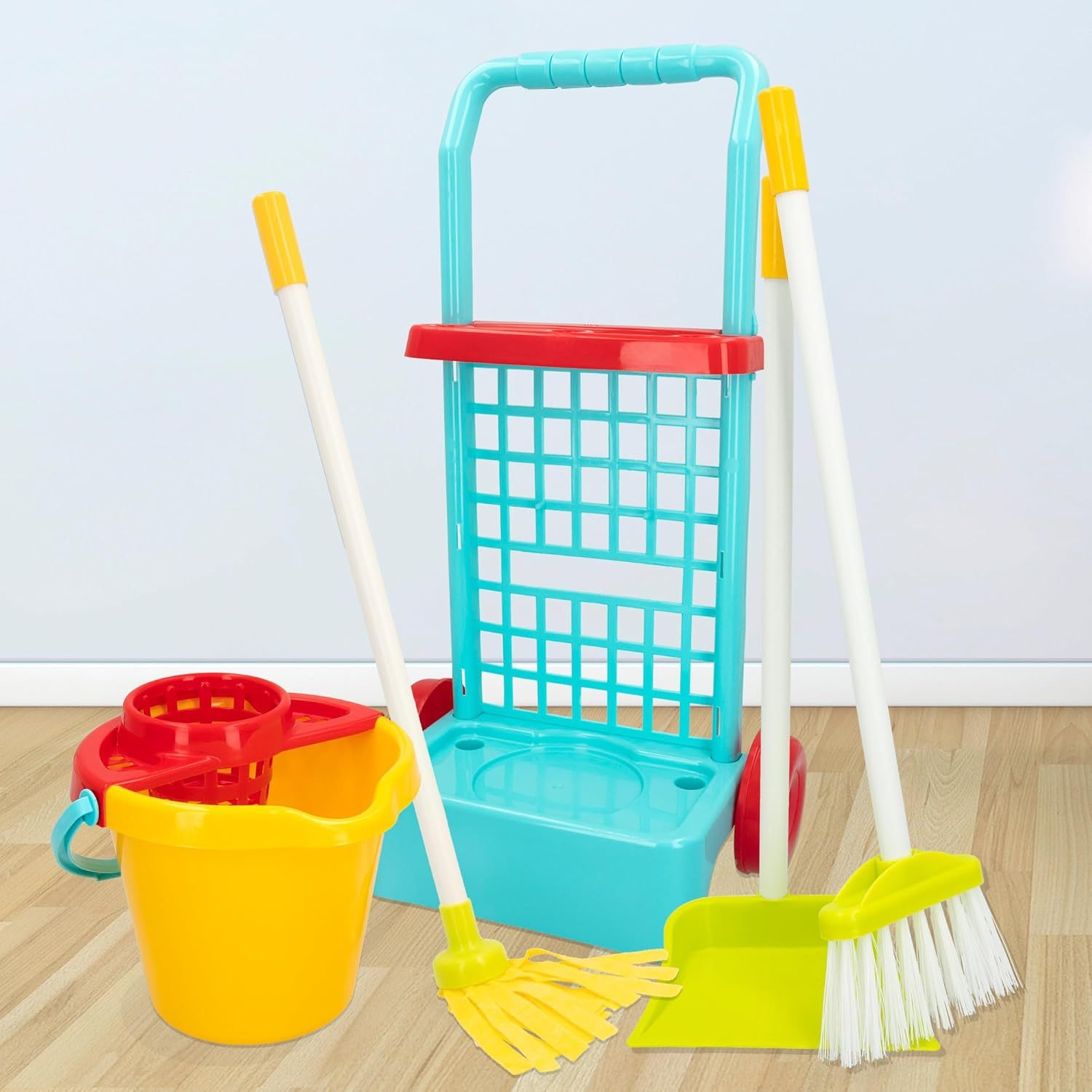 Carrito de Limpieza de Juguete, Incluye 1 Fregona, 1 Escoba, 1 Recogedor, 1 Cubo y 1 Carrito, Fomenta la Imaginación, el Aprendizaje de las Tareas del Hogar y la Motricidad Global