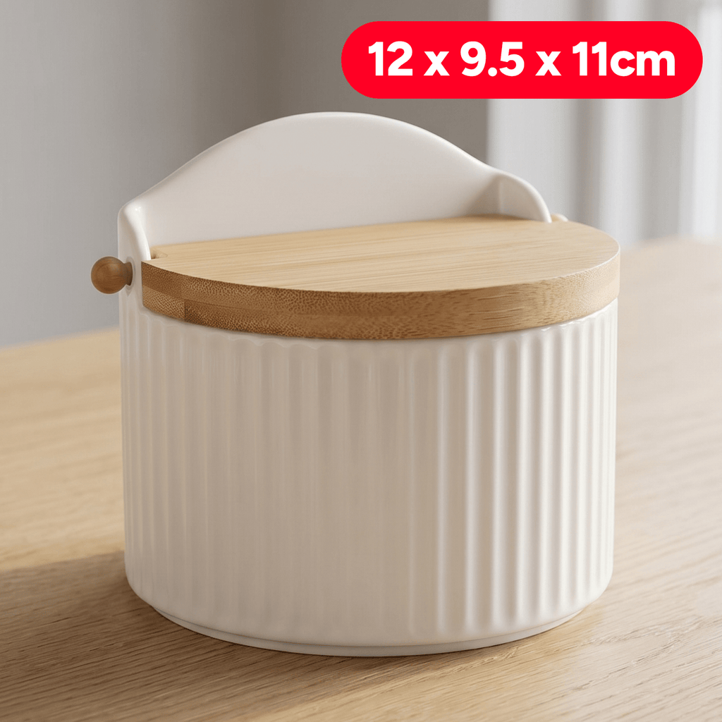 Salero Cocina con Tapa, Hecho de Porcelana y Madera, Recipiente para Especias y Aliños, Blanco, 12 x 9.5 x 11cm