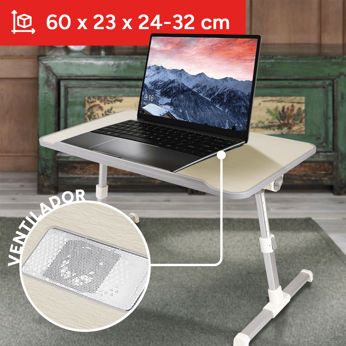 Mesa para Portátil Plegable con Ventilador, 5 Niveles de Altura y Ángulo del Tablero Ajustable, Ventilador USB para Optimizar Rendimiento del Portátil, Borde Antideslizamiento, Ideal para cualquier Espacio, 60 x 23 x 24-32 cm