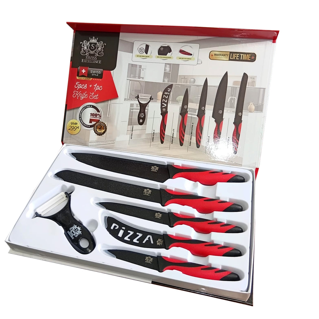 Juego de 6 Cuchillos de Cocina Profesionales, Cuchillos de Acero Inoxidable con Revestimiento y Filo de Alta Precisión, Excelente Durabilidad, Mango Ergonómico, Fácil de Limpiar, Ideal como Regalo, Incluye 4 Cuchillos, 1 Cortador de Pizza y 1 Pelador