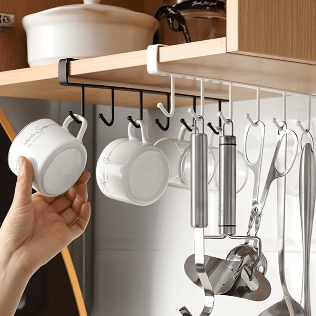 Colgador de Ropa con 6 Ganchos, Percha de Ropa Metálica, Colgador Utensilios Cocina, Ganchos para Colgar Ropa, Ideal para Aprovechar y Optimizar el Espacio, Fácil Instalación y Sin Perforaciones, 25 x 4 x 2,5 cm