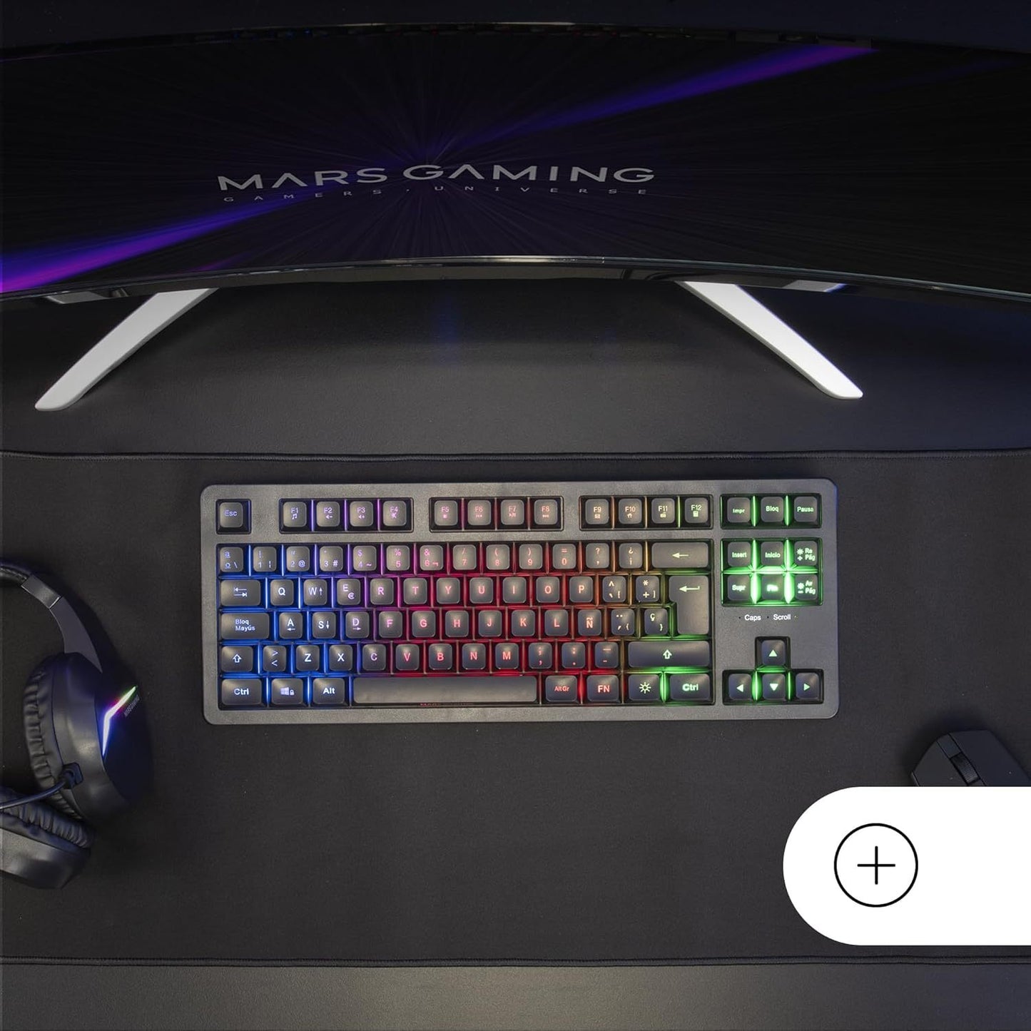 Mars Gaming MK023, Teclado Gaming TKL, Tecnología Híbrida H-Mech, Iluminación FRGB Rainbow, Anti-ghosting, Compatibilidad Universal, Negro, Idioma Español