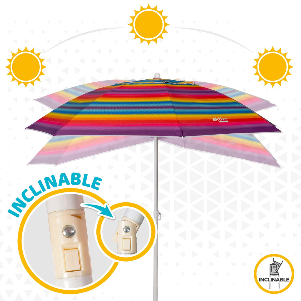 Sombrilla Playa Grande, 200cm / 220cm, Inclinable, Protección UV 50, Hecha de Aluminio y Tela Oxford con Revestimiento, Forma Única para Favorecer la Ventilación, 8 Varillas Resistentes y Flexibles, Ancho Tubo 28/32mm