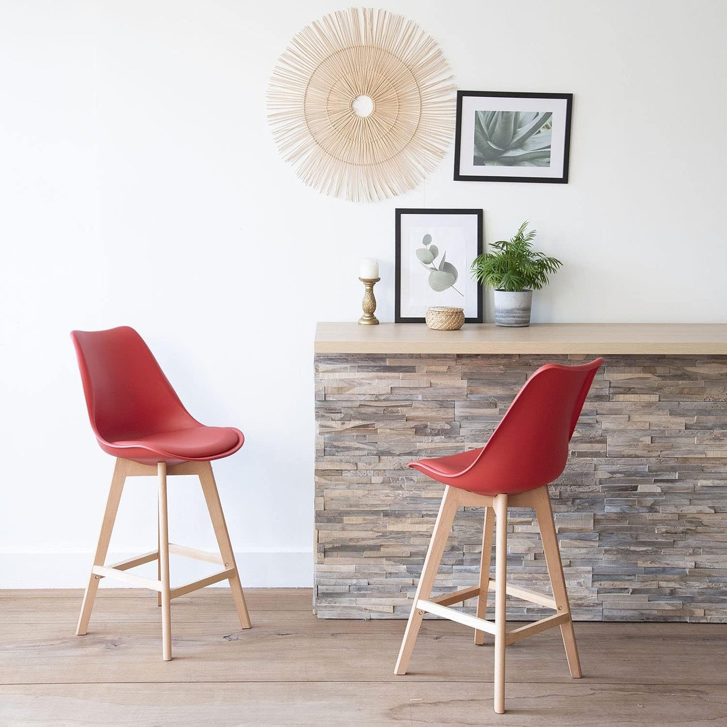 Taburete Alto Cocina con Respaldo, Asiento Blando y Tapizado, Patas Altas Resistentes de Madera de Haya con Reposapiés, Sillas Nórdicas, Ideal para Cocina, Salón, Comedor y Restaurante, 54.5 x 49.5 x 106 cm