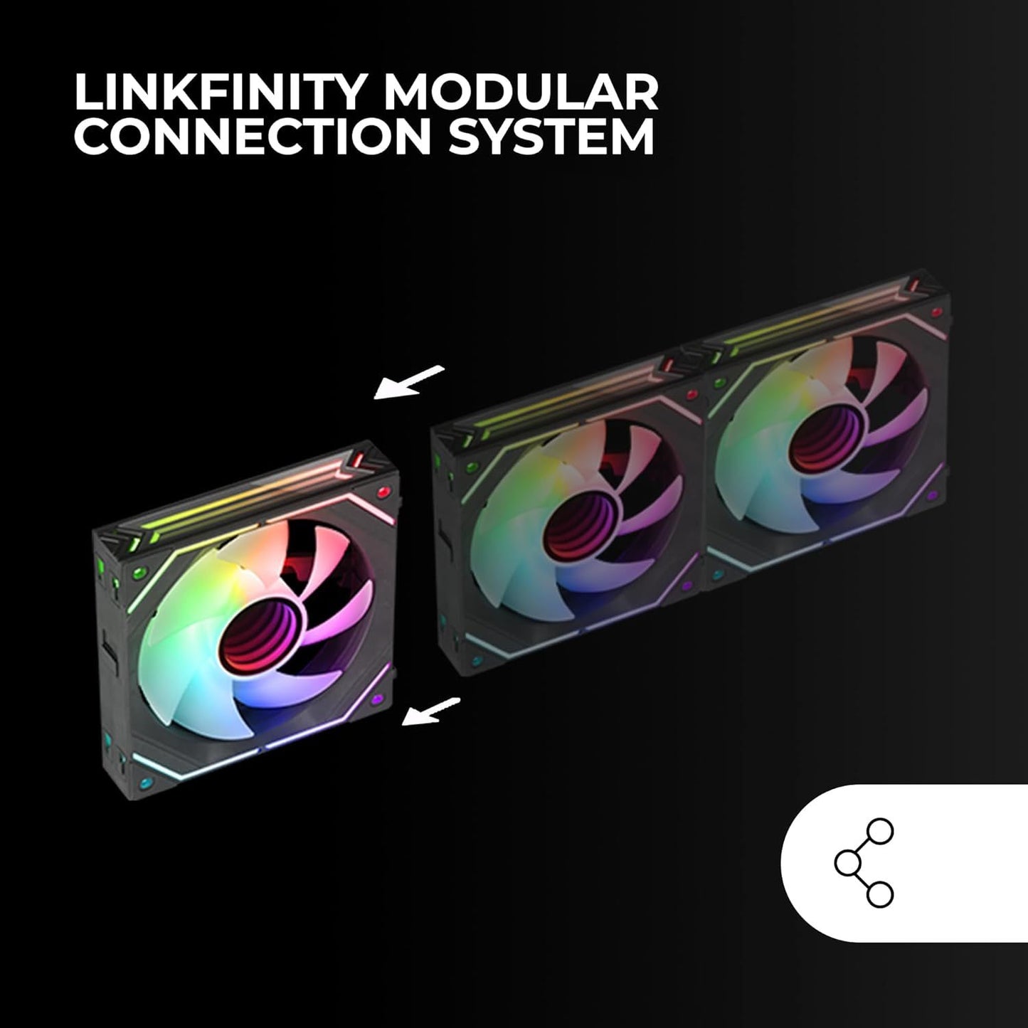 Mars Gaming MF-LINKFINITY, Ventilador Modular PWM 120mm, Sistema de Conexión LINKFINITY, Iluminación Infinity Mirror ARGB 360º, Ultra-silencioso 12dB, Negro
