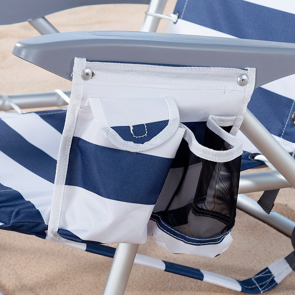 Silla Plegable Playa Reclinable y Resistente. Soporta hasta 110kg. 4 Posiciones, Respaldo Reclinable, Cojín Acolchado, Bolsillo Lateral. Sistema Antivuelco. Hecha de Aluminio y Poliéster. Ideal para Playa, Jardín, Terraza o Camping. 50x45x76cm