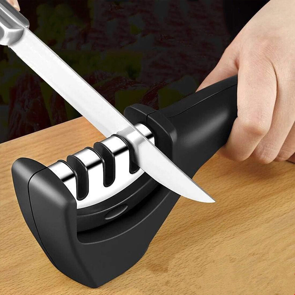 Afilador de Cuchillos Resistente con Base Antideslizante y Muelas Extraíbles, Hasta 3 Ranuras de Diferentes Composiciones, Afila en Pocos Segundos y Sin Esfuerzo, Hecho en Acero, Tungsteno, Cerámica y Polipropileno
