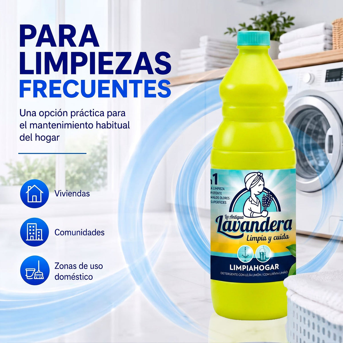 La Antigua Lavandera Lejía con Detergente Limón, Limpiador Multiusos para Suelos, Baños y Cocinas, Limpieza Potente con Aroma Fresco a Limón, 1.5 L