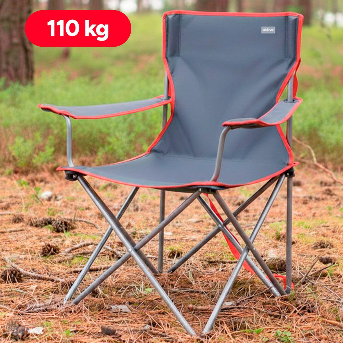 AKTIVE Silla de Camping Plegable para Playa, Pesca y Exteriores con Apoyabrazos y Portavasos Integrado, Capacidad de hasta 110 kg, 45x47x82 cm, Gris Marengo con Rojo