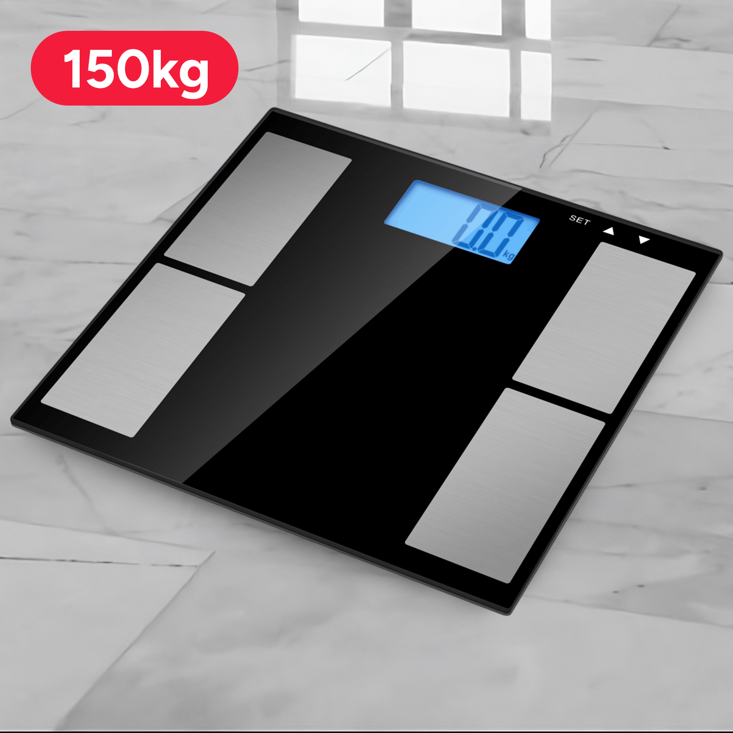 Bascula de Baño de Cristal, 150Kg de Resistencia, Dígitos LCD, Sensor de Alta Precisión, Cristal Resistente de 8mm, Reajuste y Apagado Automático, Indicador de Poca Batería y Exceso de Carga