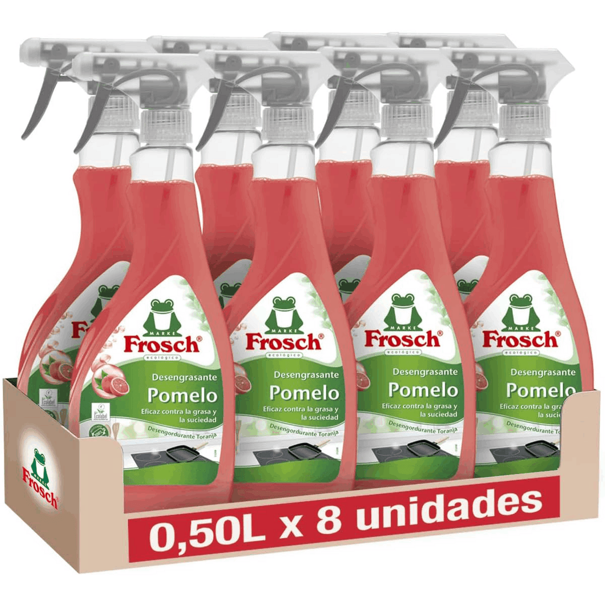 Frosch Quitagrasas Cocina con Extractos de Pomelo, Apto para Superficies de Cocina, Elimina la Grasa sin Esfuerzo, Pack de 8 Unidades x 500 ml, 4L en Total