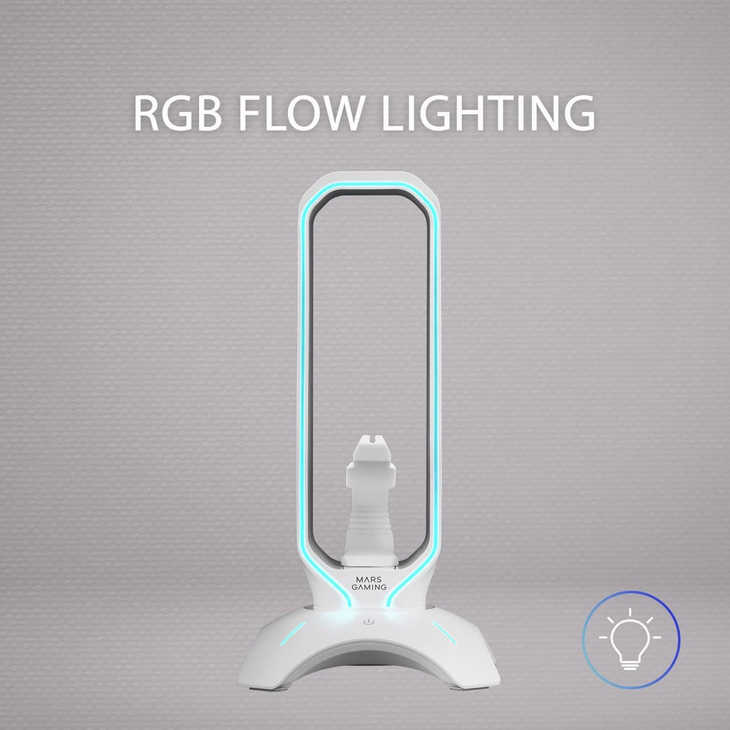 Mars Gaming MHHPRO, Soporte Auriculares 3en1 con Iluminación RGB Flow Touch, Bungee para Ratón, HUB con 2 USB 3.0, Base Antideslizante y Diseño Compacto, Blanco