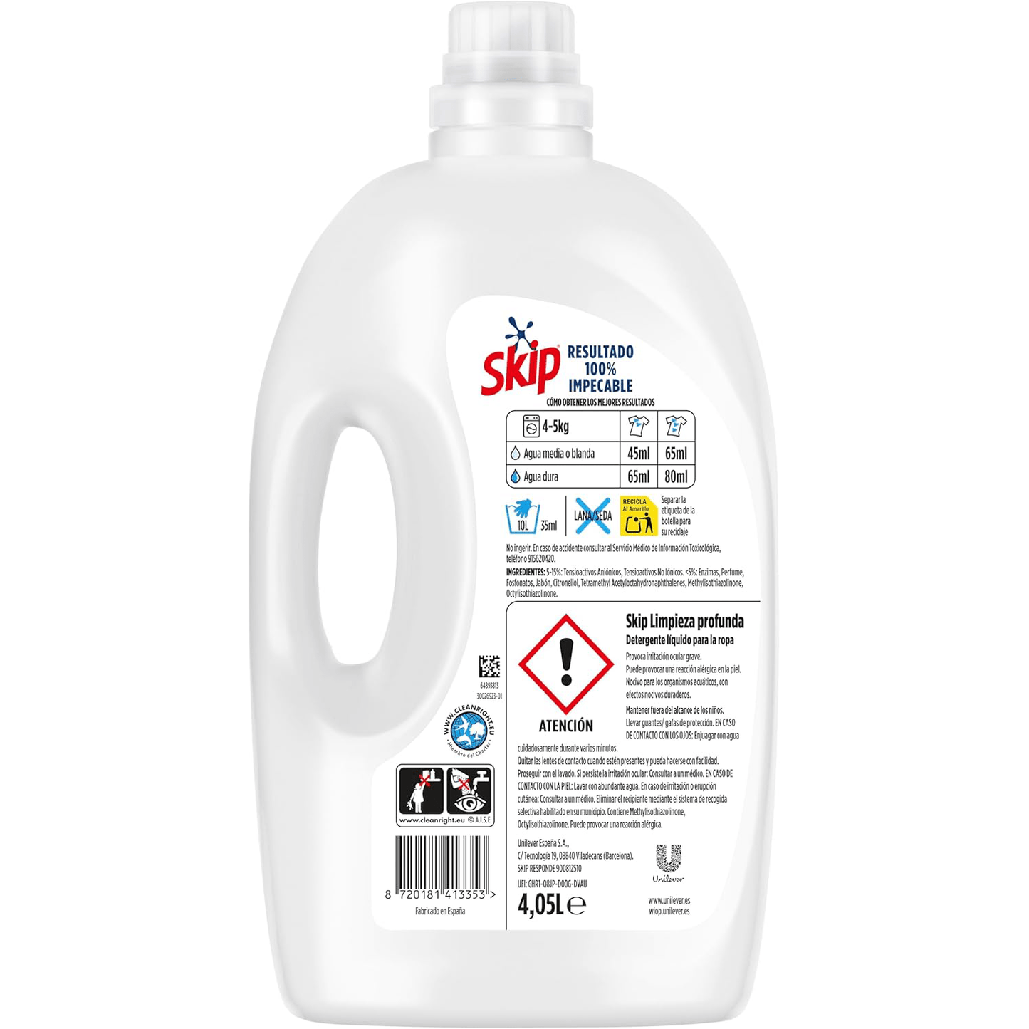 Skip Ultimate Limpieza Profunda 180 Lavados, Detergente Líquido, Elimina Manchas Difíciles Desde el 1er Lavado, Eficaz en Ciclos Cortos y Agua Fría, 4.05 Litros, 90 Lavados por Botella