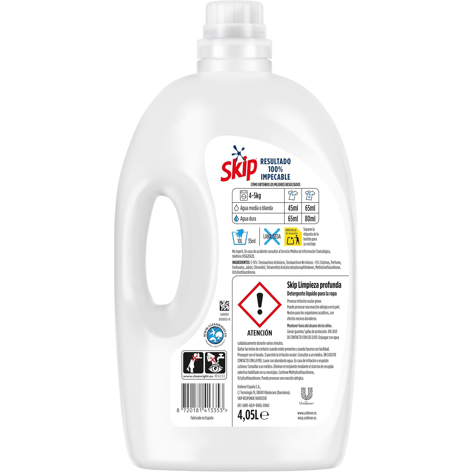 Skip Ultimate Limpieza Profunda 180 Lavados, Detergente Líquido, Elimina Manchas Difíciles Desde el 1er Lavado, Eficaz en Ciclos Cortos y Agua Fría, 4.05 Litros, 90 Lavados por Botella