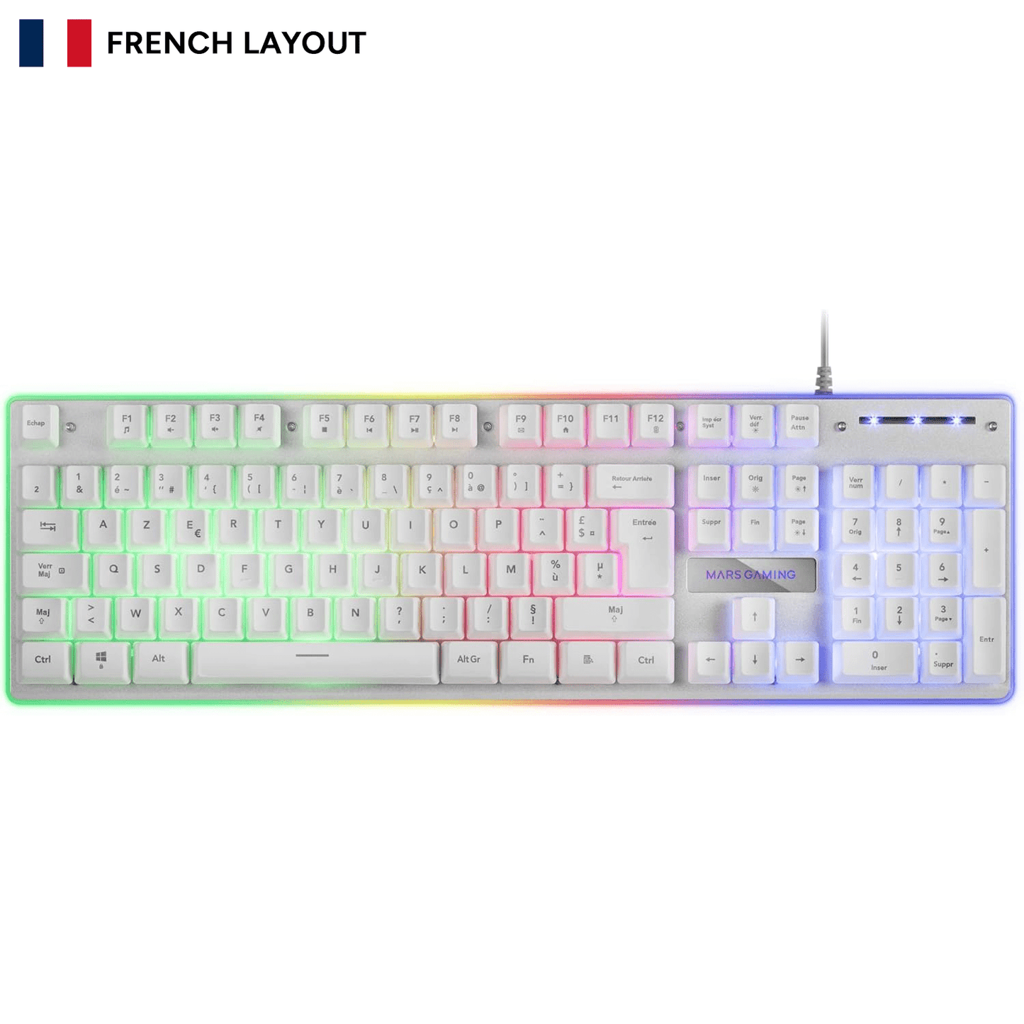 Mars Gaming MK220, Teclado Gaming Híbrido H-Mech, Iluminación FRGB Rainbow + Halo, Panel de Aluminio, Anti-Ghosting, USB Plug & Play, PC PS5 Xbox Switch, Idioma Francés, Blanco