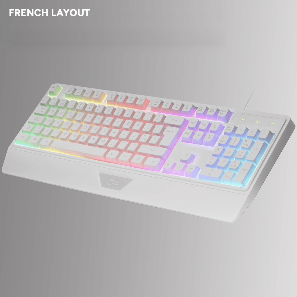 Mars Gaming MK124, Teclado Ergonómico H-Mech, Reposamuñecas Integrado, Iluminación FRGB Rainbow, Teclado Gaming Antighosting Avanzado, Teclado PC Completo Multiplataforma, Idioma Francés, Blanco