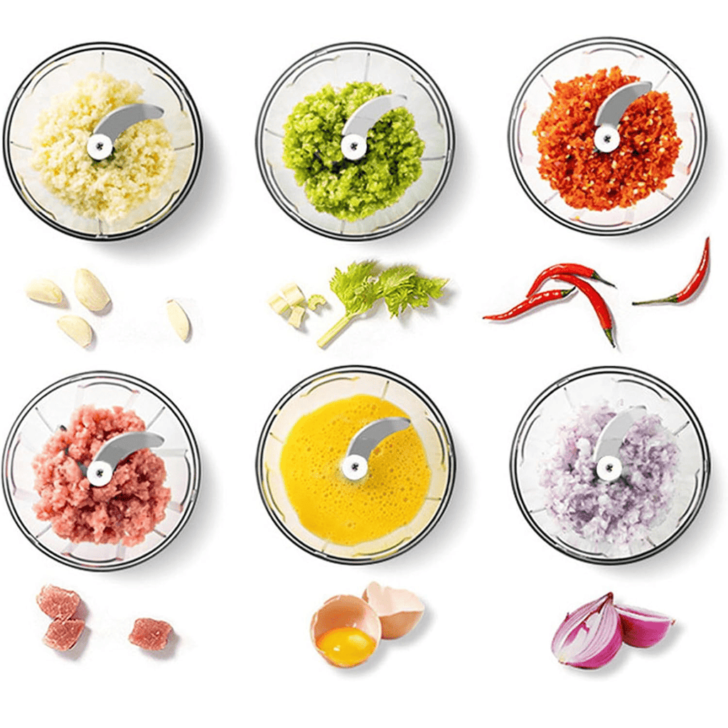 Picadora Electrica de Alimentos Recargable USB, 300ml de Capacidad, Recipiente de Cristal, Batería 1300 mAh, Trocea, Mezcla, Machaca y Muele, Triple Cuchilla de Acero, Resistente, Fácil de Limpiar, Perfecto para Fruta, Verdura, Carne, Hierbas