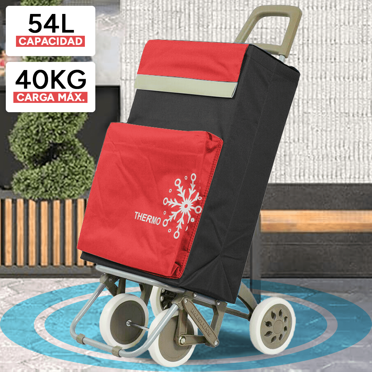 Carro Compra Plegable con Bolsillo Térmico para Congelados, Carro Plegable con Ruedas, Bolsillo Trasero con Cremallera, 2 Compartimentos Extra en Total, Con Capacidad de hasta 54 Litros y 40 Kg de Carga Máxima