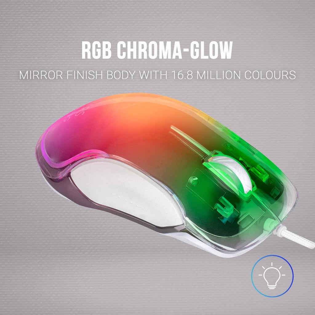 Mars Gaming MMGLOW, Ratón Gaming Ultraligero con Iluminación RGB Chroma-Glow, Sensor Óptico 12800 dpi, Cable Feather Paracord, Switches Huano, Software Personalizable, Blanco