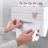 Portarrollos Papel Cocina, Estante de Almacenamiento de Cocina Montado en Pared, 2 Cortadores Incorporados, Dispensador de Plástico para Envolver, Dispensador de Papel de Aluminio, Soporte para Toallas de Papel, Soporte de Rollos de Cocina