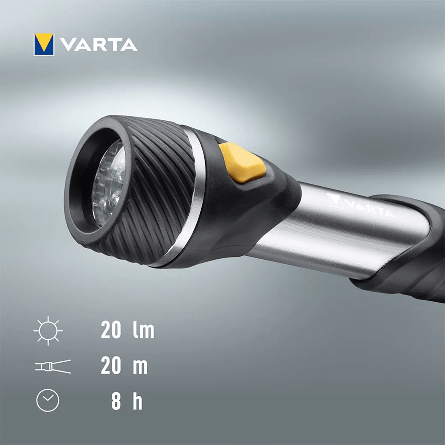 Linterna con Pilas, Multi LED, 20 Lumens, 8h de Duración, 20m de Alcance, Carcasa Resistente a Golpes, Correa de Mano Incluida, Funciona con 1 Pila AA (incluida), 12.6cm de Longitud - VARTA