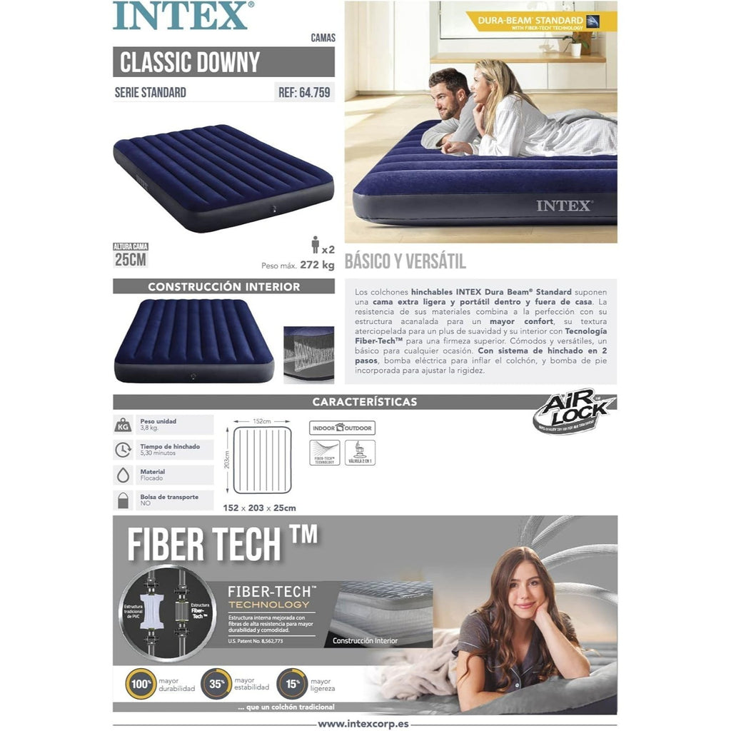 Colchón hinchable para 2 personas, Colchón Inflable Doble 152x203x25cm hasta 272kg, Azul - INTEX