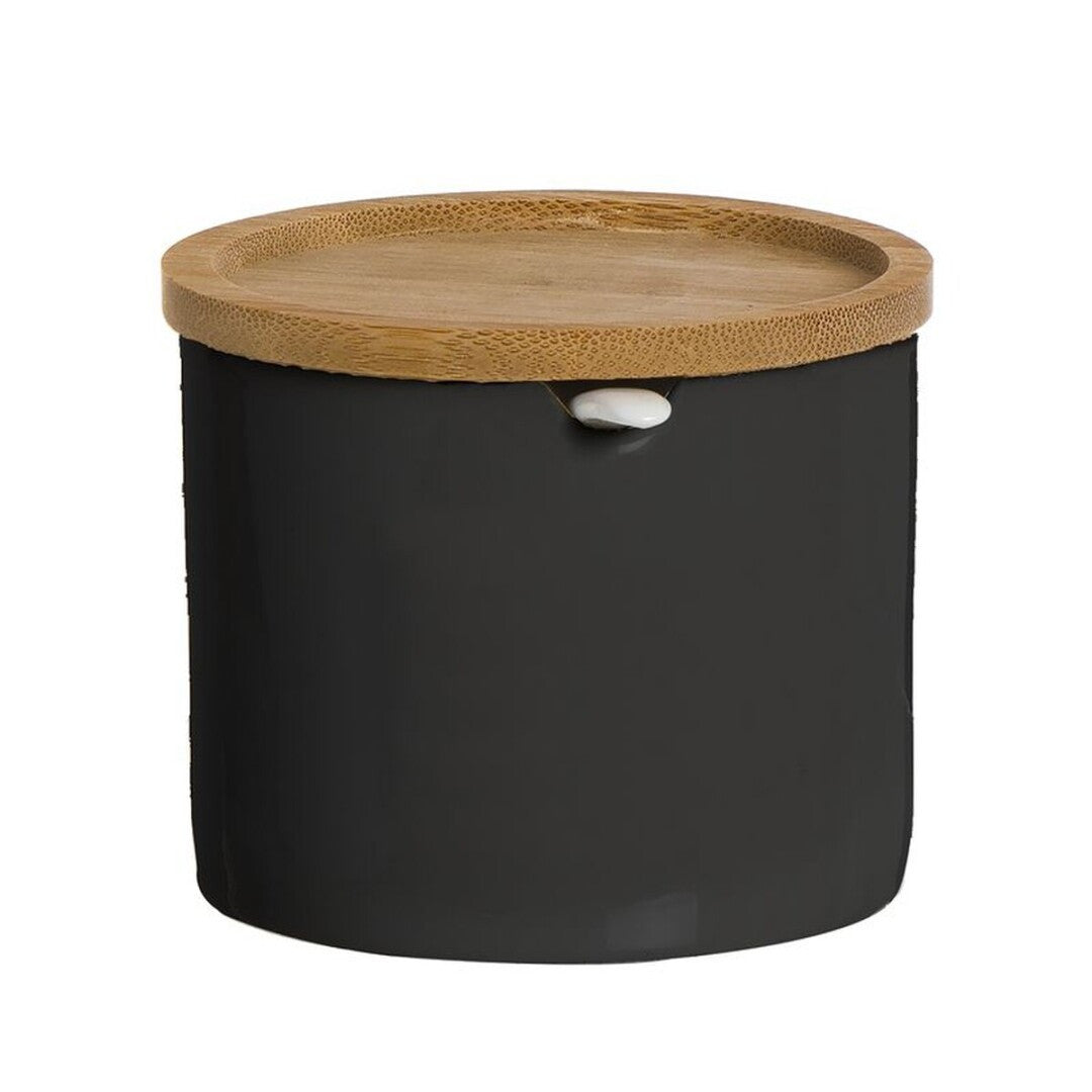 Azucarero Circular con Tapa y Cuchara, Azucarero Ceramica con Tapa de Bambú, Recipiente para Especias y Aliños, Negro, 8 x 8 x 8 cm