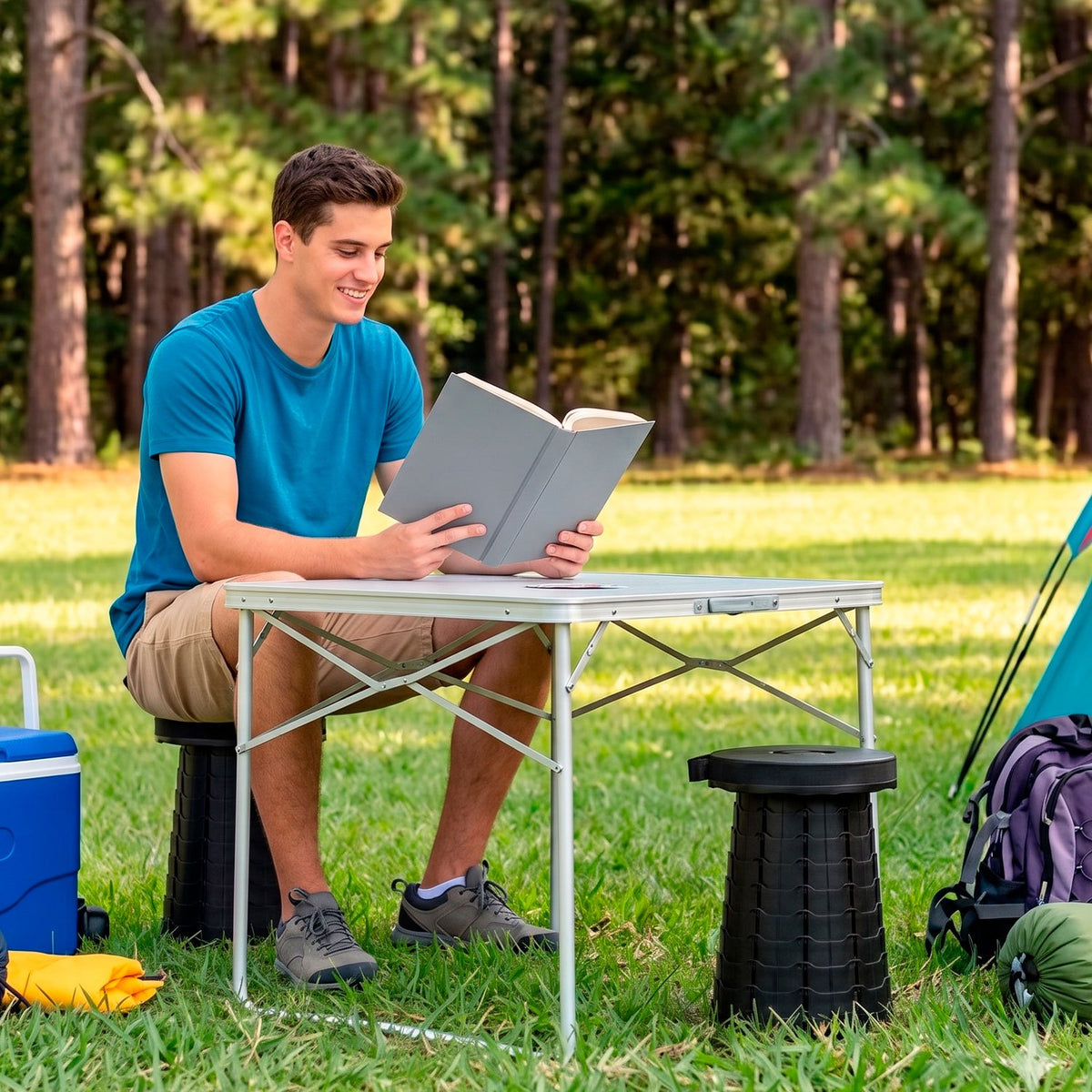 AKTIVE Taburete Telescópico Portátil Plegable para Camping, Playa y Pesca con Diseño Compacto, Asa y Correa de Transporte, Capacidad de hasta 120 kg, 44 cm, Negro