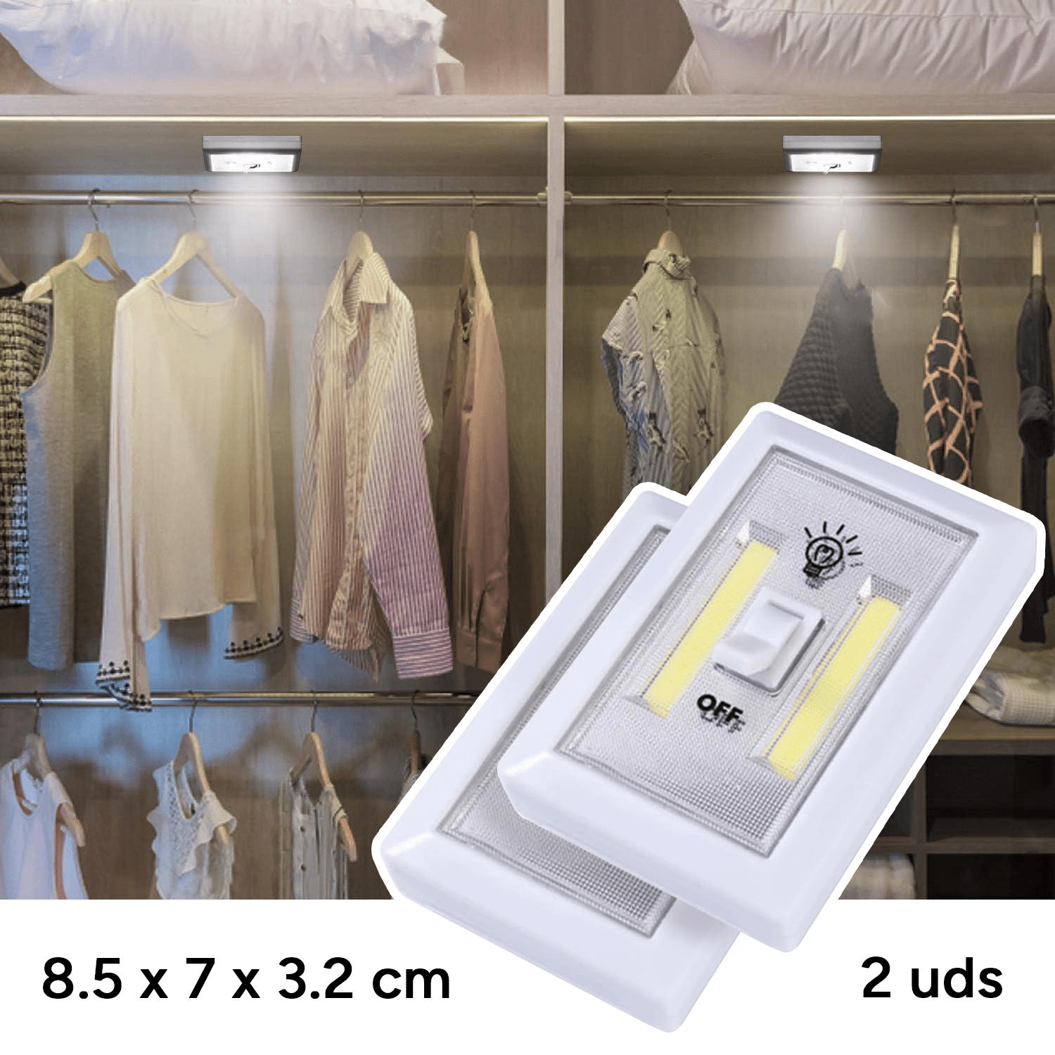2 Luces con Interruptor, Luces LED para Pared y Superficies, Modo Apagado y Encendido, 3 pilas AAA (no incluidas), Tamaño: 8,5 x 7 x 3,2 cm, Agarres y Puntos Magnéticos para Sujección, Luz Blanca, Impermeable, Debajo De Gabinetes, Estantes, Armarios