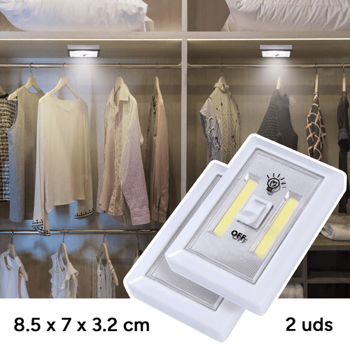 2 Luces con Interruptor, Luces LED para Pared y Superficies, Modo Apagado y Encendido, 3 pilas AAA (no incluidas), Tamaño: 8,5 x 7 x 3,2 cm, Agarres y Puntos Magnéticos para Sujección, Luz Blanca, Impermeable, Debajo De Gabinetes, Estantes, Armarios