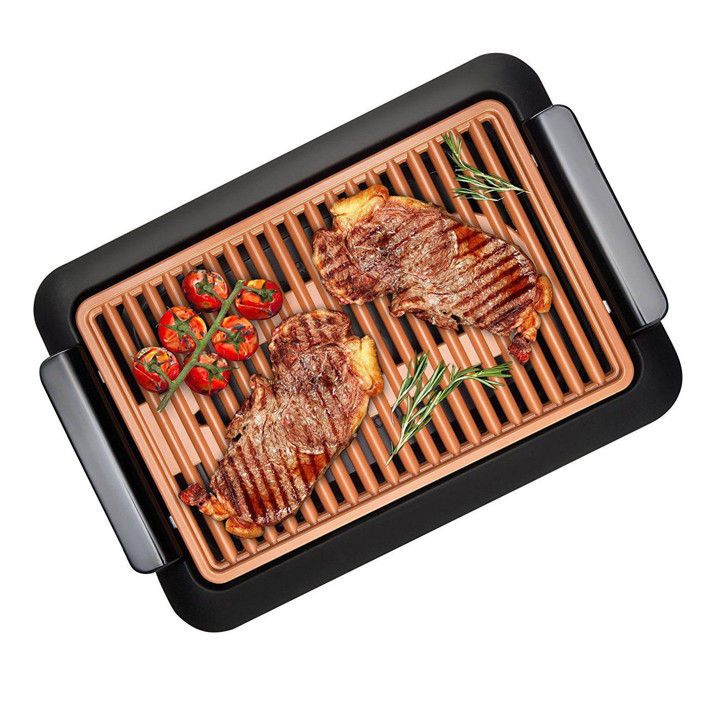 Grill Eléctrico con Doble Bandeja, Diseño Innovador sin Humo, Temperatura Ajustable, Fácil de Limpiar, Asas de Tacto Frío, Gran Superficie, Calentamiento Uniforme, Recubrimiento Anti Adherente, Potencia 1250W, Tamaño 30,5 x 25,5 cm