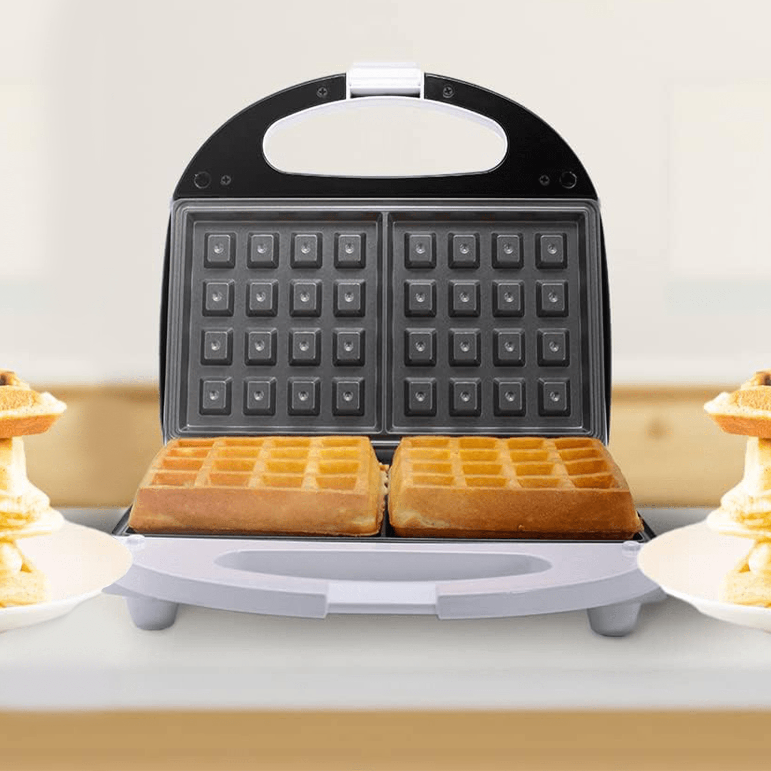 Gofrera Eléctrica, Plancha para Waffles de 750w, Tostadora con Revestimiento Antiadherente de Fácil Limpieza, Indicador LED, Exterior Frío al Tacto, Patas de Plástico Antideslizantes
