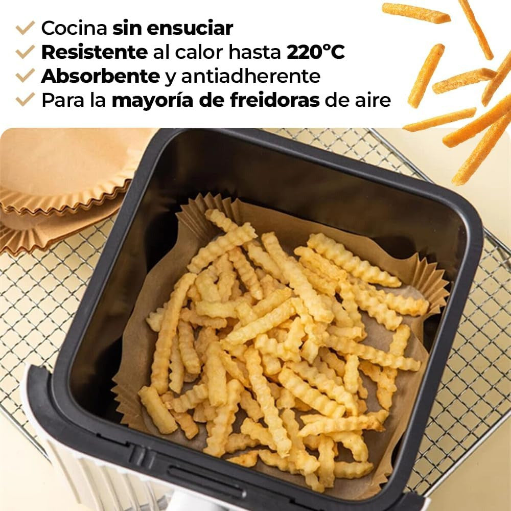 x50 Papel Freidora Aire, Papel Antiadherente, Resistente e Impermeable, Ideal para Freidoras sin Aceite, Papel Air Fryer Cuadrado, 20 cm
