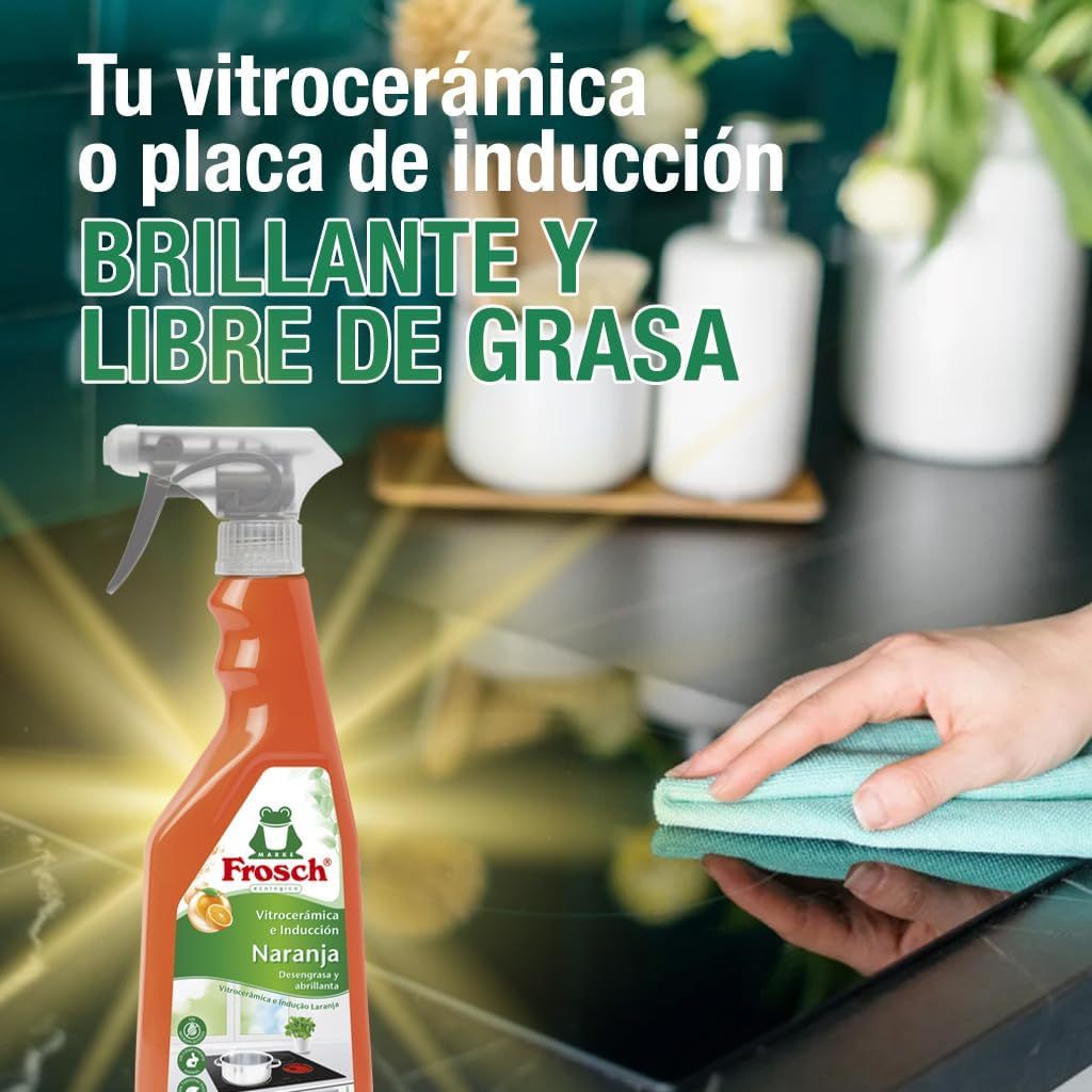 Frosch Limpiador Vitrocerámica y Placas de Inducción con Aceite de Naranja Roja, Acción Protectora, Desengrasante y Brillante, Formato Spray, Pack de 10 Unidades x 750 ml, 7.5L en Total